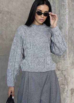 Базовый женский свитер с аранами шерстяной из шерсти светло-серый