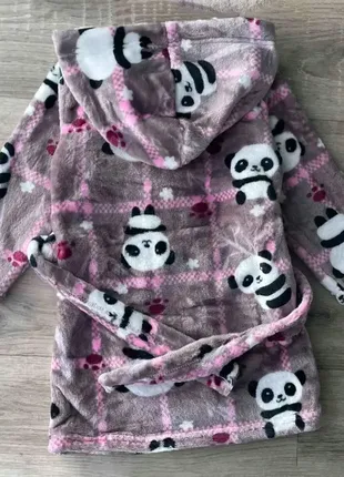 Халат повсякденний махровий бузковий для дівчинки дитячий принт панда весела з капюшоном і поясом за