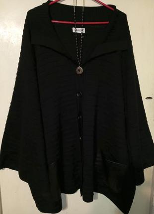 Трикотажний бохо кардиган-жакет з шкіряними кишенями широкими рукавами мега батал