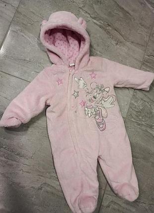 Плотный демисезонный махровый комбинезон на флисе с капюшоном на девочку 6-9 месяцев