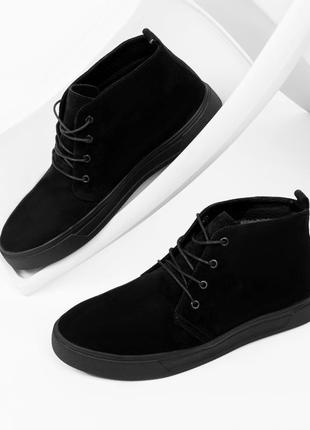 Черевики дезерти з натуральної замші чорні флісова підкладка dux premium 2505 розміри 38-46