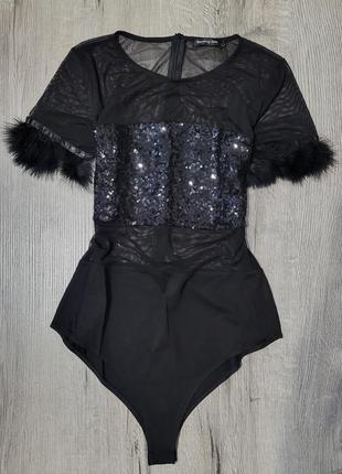 Черное боди сетка mystery jane с натуральными перьями/черное боди сетка с пайетками