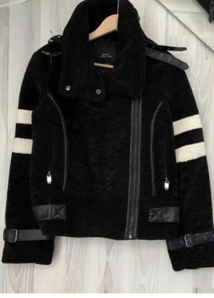 Дубленка тедди черно-белая,теплая куртка