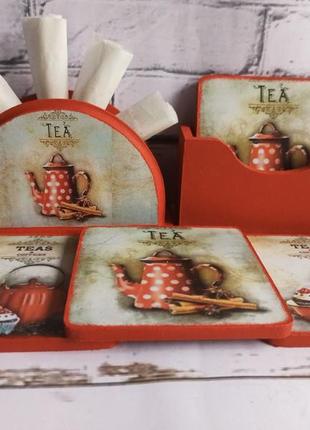 Комплект для кухни: салфетница + подставки под горячее "приятное чаепитие"