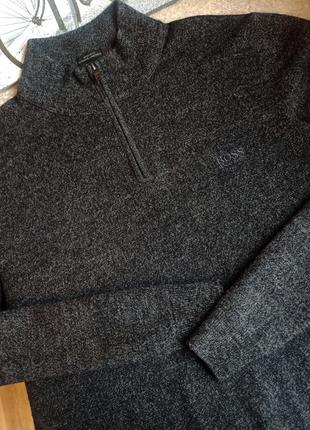 Чоловічий светр з горловиною на змійці hugo boss 100% вовна розмір м темно сірого кольору