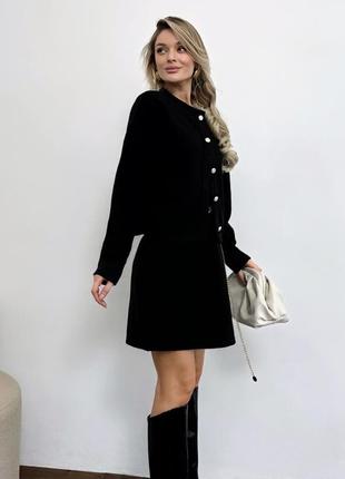 Елегантний жіночий костюм двійка кардиган на ґудзиках і спідниця міні ангора вʼязка чорний шоколад молочний s-xl