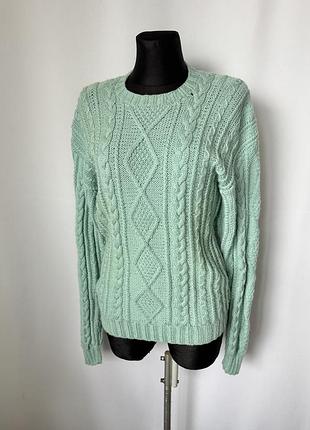 Мятный свитер джемпер из чистой шерсти косы араны бирюзовый ручная работа