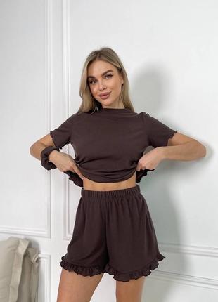 ❗️ 11 кольорів ❗️ жіноча піжама комплект для дому костюм для сну трикотаж рубчик футболка і шорти з рюшами в комплекті резинка