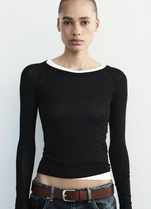 Новый черный лонгслив zara легкий лонгслив из вискозы черный базовый лонгслив облегающий тонкий лонгслив полупрозрачный черный лонгслив