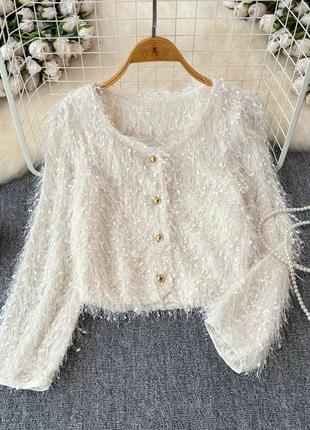 Розкішний пухнастий кардиган із люрексом та золотими гудзками🤍