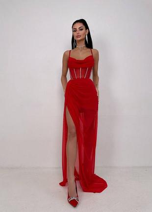 Изысканный комплект корсет + юбка макси с сеткой, корсет со стразами + юбка, комплект на выпускной