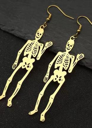 Тематические серьги. длинные скелеты, череп, черепа, готические, готика. медсталь, позолота.
