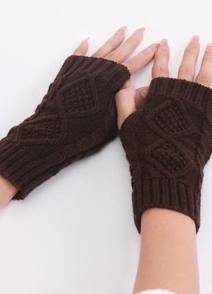 Коричневі мітенки короткі рукава в'язані 6836 шоколадні митенки однотонні рукавиці без.пальців