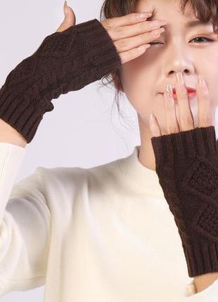 Коричневі мітенки короткі рукава в'язані 6836 шоколадні митенки однотонні рукавиці без.пальців