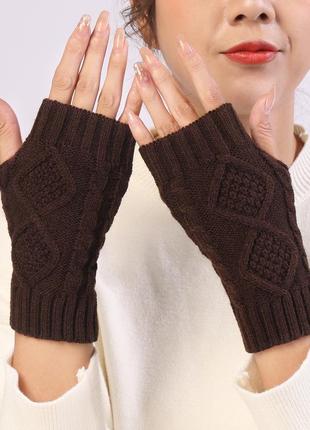 Коричневі мітенки короткі рукава в'язані 6836 шоколадні митенки однотонні рукавиці без.пальців