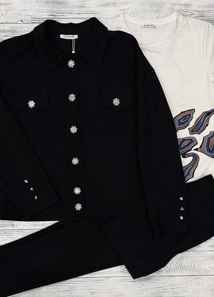 Костюм тройка женский черный нарядный прогулочный с курткой и брюками