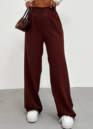 Брюки жіночі однотонні класичні на високій посадці вільного крою на гудзику якісні стильні базові шоколад графітові