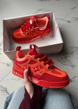 Шикарные женские и мужские кроссовки skate sneaker red mix orange cowhide красные