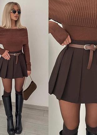 Юбка шорты короткая на высокой посадке качественная стильная трендовая шоколад бургунды