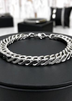 Мужской серебряный браслет стальная, мужская цепочка на руку 9 мм silver cuban