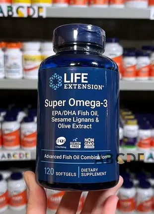 Life extension, super omega-3, рыбий жир омега 3 с лигнаном кунжута и экстрактом оливы, 120 капсу
