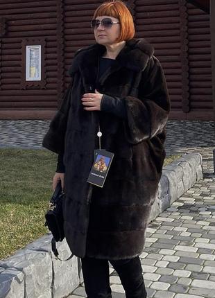 Шуба норковая с капюшоном крой кимоно nafa dark brown оверсайз 48-54