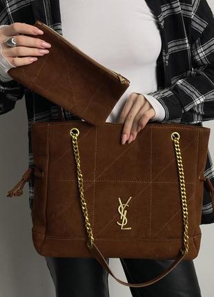 Жіноча сумка велика коричнева з довгими ручками замшева зі штучної замші високого класу із зав'язками на шнурках плюс монетниця у комплекті