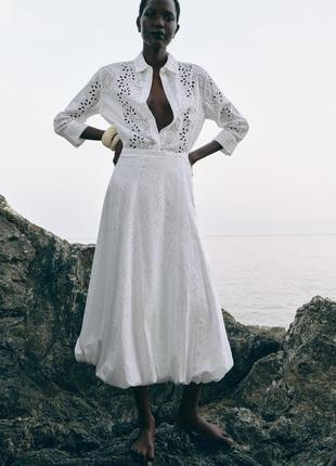 Хлопковая юбка миди баллон с вышивкой zara original spain new collection