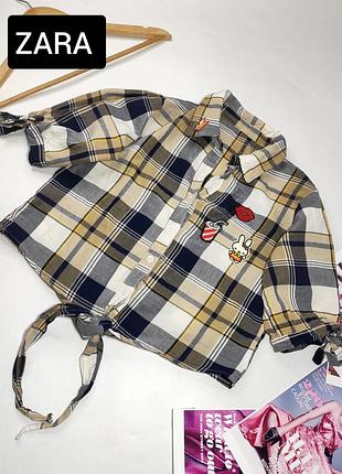Сорочка жіноча коротка в клітинку з нашивками від бренду zara xxs xs