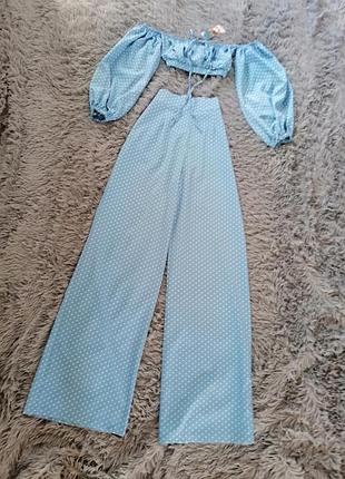 Літній костюми комбінезон в горох довгі штани палаццо висока посадка і те з відкритими плечима довги