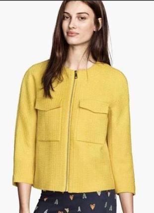Яркий желтый твидовый пиджак жакет h&m размер s