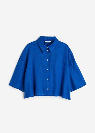 Синя лляна сорочка електрик вкорочена сорочка льон h&m