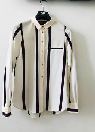 Zara бежева сорочка шифонова в полоску горизонтальну синя с червоним