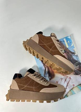 Женские кроссовки коричневые на платформе замшевые натуральные из натуральной замши