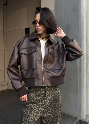 Бомбер из эко кожи с м л шоколад zara