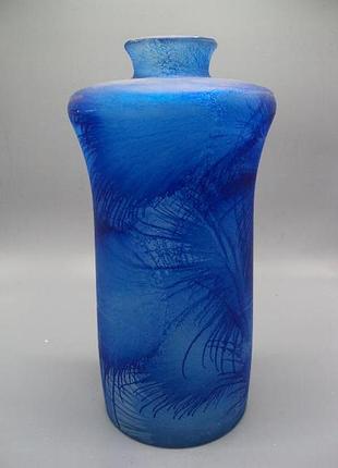 Ваза синяя большая стекло испания узор перья листья spain высота 34,5 см, диаметр 7,8 см №13706