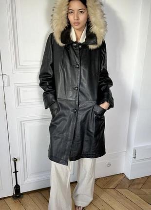 Итальянская кожаное пальто куртка плащ с мехом l - xl