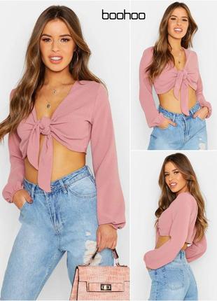 Укорочений топ кроп із довгими рукавами та зав'язкою спереду boohoo
