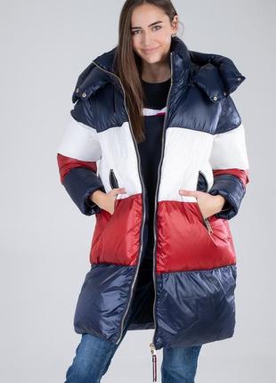 Теплий пуховик, пальто зима tommy hilfiger colorblock з ефектом колірних блоків