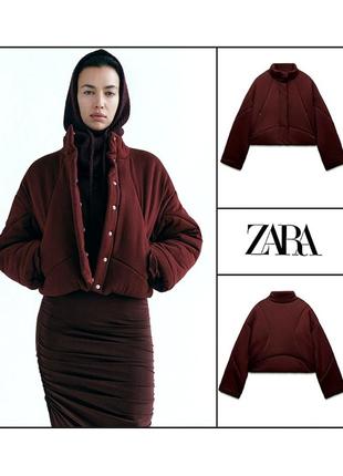 Демисезонная утепленная куртка пуффер оверсайз xs-s zara новая коллекция бургунди бордовая короткая женская стеганая весна пуховик бомбер женский