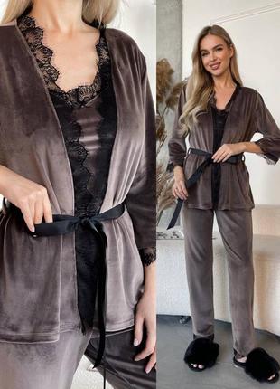 Велюровий домашній костюм трійка з мереживом