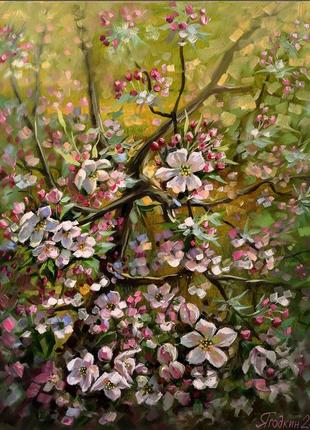 Картина олійними фарбами яблуня цвіте