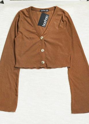 Новый коричневый кардиган в рубчик с рукавами колоколами boohoo