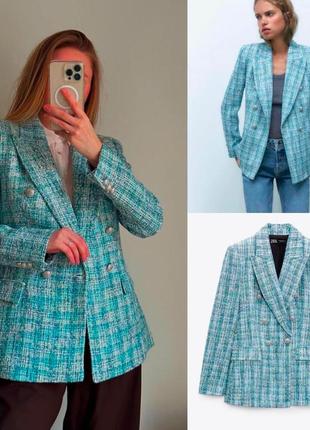 Жаккардовый жакет зара пиджак zara твидовый голубый