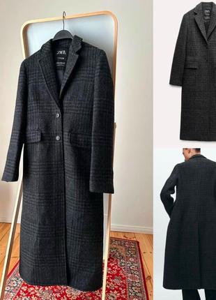 Пальто длинное шерстяное в клетку зара zara