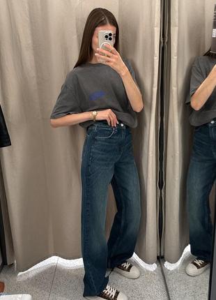 Синие прямые джинсы wide leg zara, высокая посадка