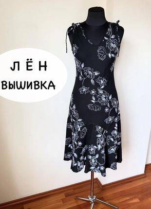 Чорне лляне плаття міді, плаття льон із вишивкою, плаття чорне на фігурі