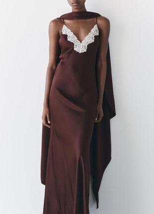 Оригинальное платье макси в бельевом стиле с кружевом new collection zara original.2 фото