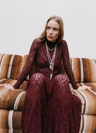 Платье женское бордовое с кружевом zara