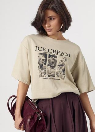 Хлопковая футболка свободного кроя с надписью ice cream